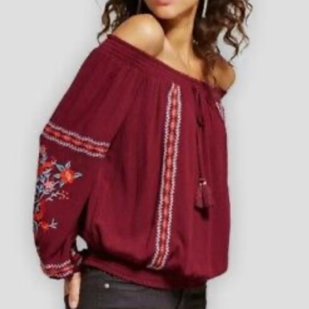 NWOT Xhilaration Boho Off Shoulder Embroidered Burgundy Top, Size S